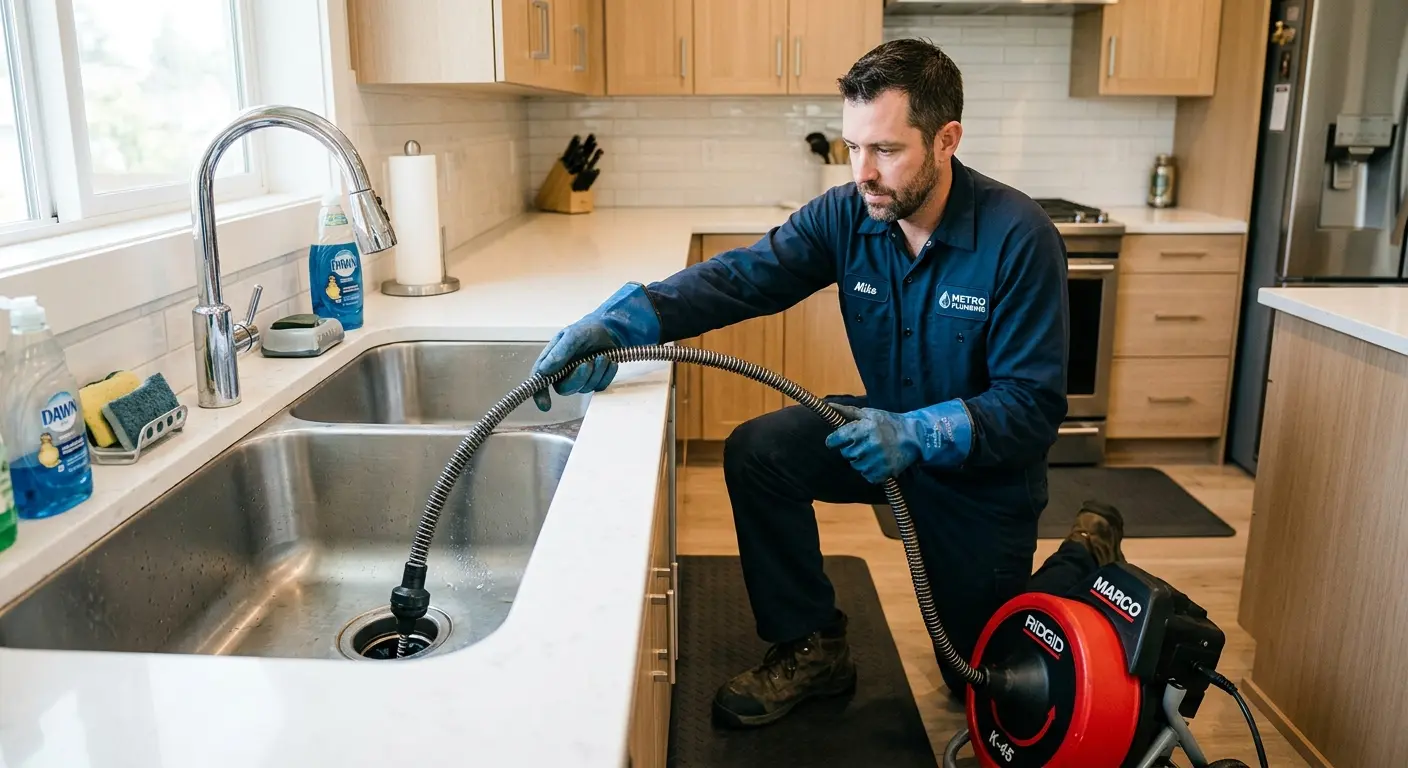Drain cleaning technician using a motorized snake on a kitchen sink in Woodbury