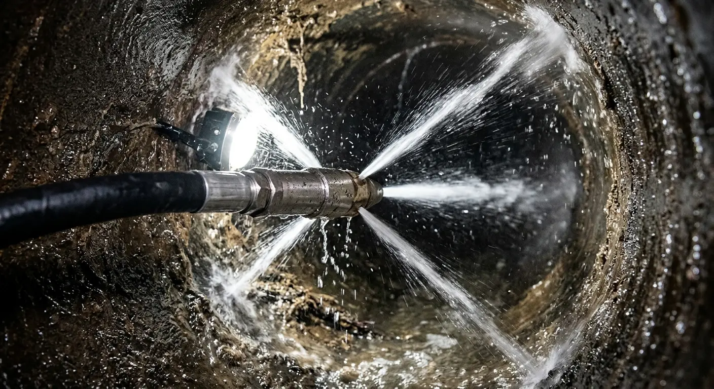 High-pressure hydro jetting nozzle cleaning sewer pipe for Trenchless Sewer Repair in Woodbury