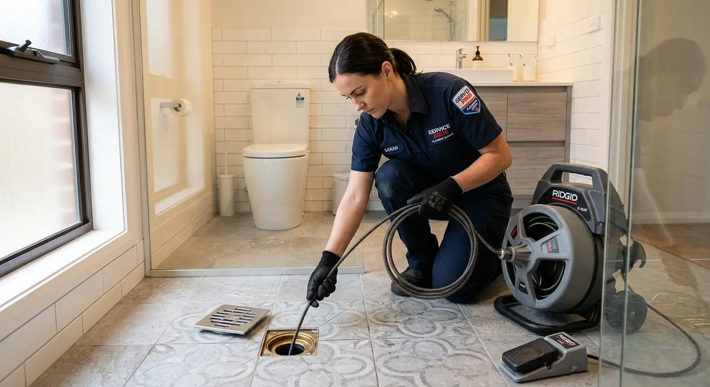 Technician clearing a bathroom floor drain for Sewer Line Installation in Woodbury